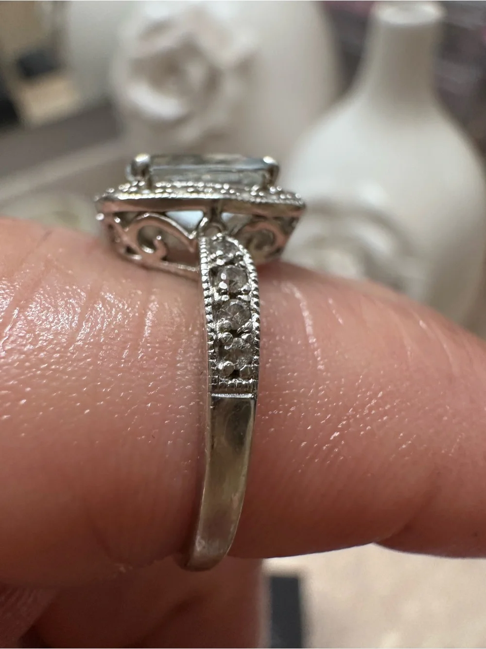 Sterling 425 Silver Blue mosinaite w small diamonds Halo Ring